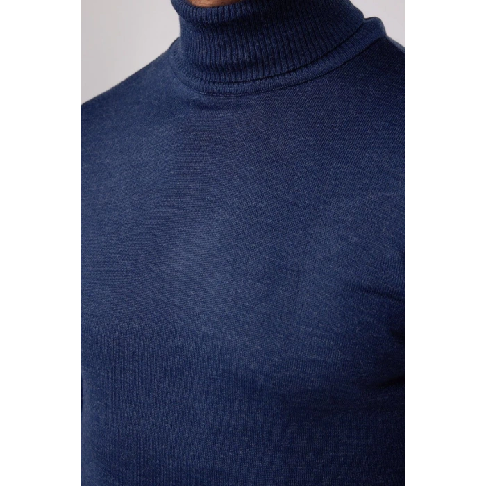 Erkek Tam Boğazlı Balıkçı Yaka Kazak Uzun Kol Düz Dokuma Triko - İndigo