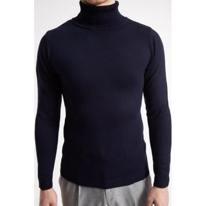 Erkek Tam Boğazlı Balıkçı Yaka Kazak Uzun Kol Düz Dokuma Triko - Lacivert