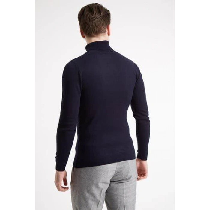 Erkek Tam Boğazlı Balıkçı Yaka Kazak Uzun Kol Düz Dokuma Triko - Lacivert