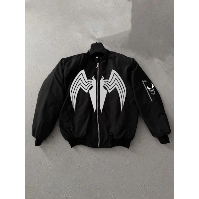 Unisex Siyah Bomber Mont – Venom Beyaz Örümcek Logolu, Fermuarlı Cepli, Kapitone Astarlı Günlük Mont - Siyah