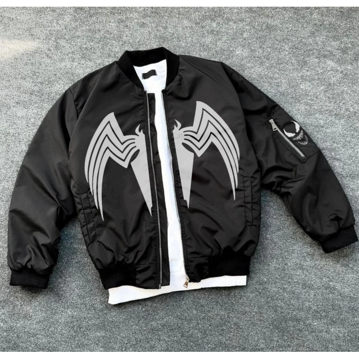 Unisex Siyah Bomber Mont – Venom Beyaz Örümcek Logolu, Fermuarlı Cepli, Kapitone Astarlı Günlük Mont - Siyah