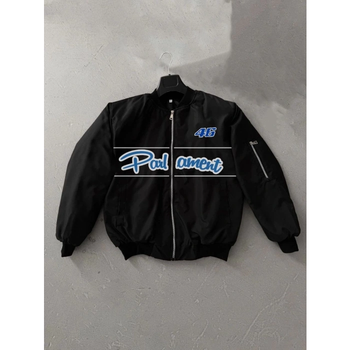 Siyah Parliament Bomber Mont – 46 Numara Detaylı, Fermuarlı, Cepli, Uzun Kollu, Spor ve Günlük Giyim İçin Rahat Unisex Mont - Siyah