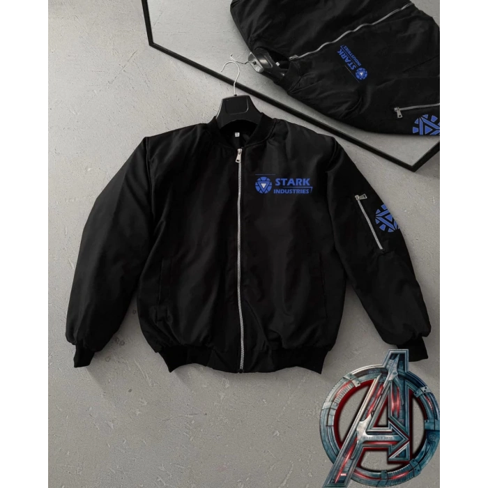 Stark Industries Siyah Bomber Mont – Fermuarlı, Cepli, Uzun Kollu, Kapitone Astarlı, Bahar ve Kış Mevsimi Rahat Unisex Ceket - Siyah