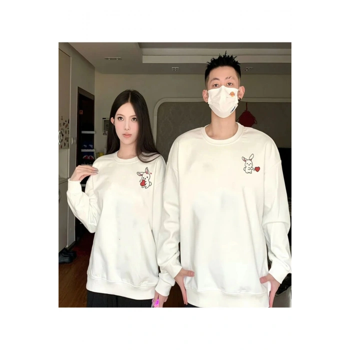 Tavşan Baskılı Sevgili Çift Kombini Kapüşonlu Sweatshirt & Hodie - Beyaz