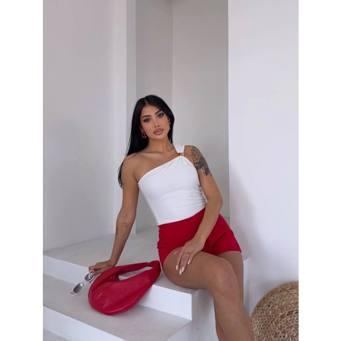 Tek omuzlu Otoman kumaş gold metal detaylı bluz s2311