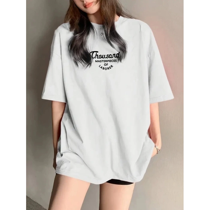 Thousand Ön Arka Baskılı Oversize Bisiklet Yaka T-shirt - Beyaz