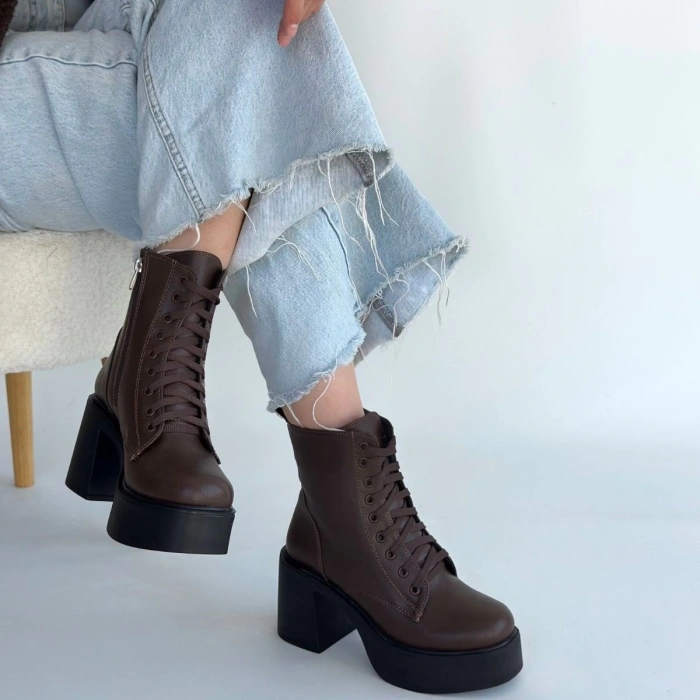 Tsan Kahverengi Cilt Bağcıklı Topuklu Bot