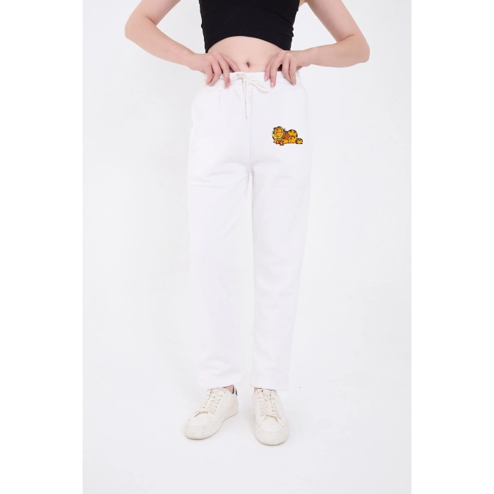 Kadın Üç İplik Pamuklu  Baskılı Paçası Lastikli Cepli Eşofman Pantolon - Beyaz