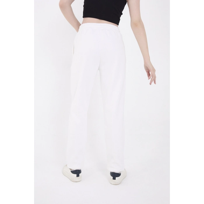 Kadın Üç İplik Pamuklu  Baskılı Paçası Lastikli Cepli Eşofman Pantolon - Beyaz