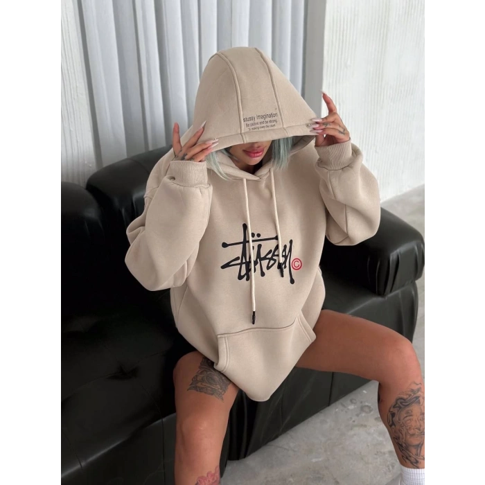 Kadın 3 İplik Pamuklu Kapüşonlu Kanguru Cepli Baskılı Oversize Hoodie Sweatshirt - Bej