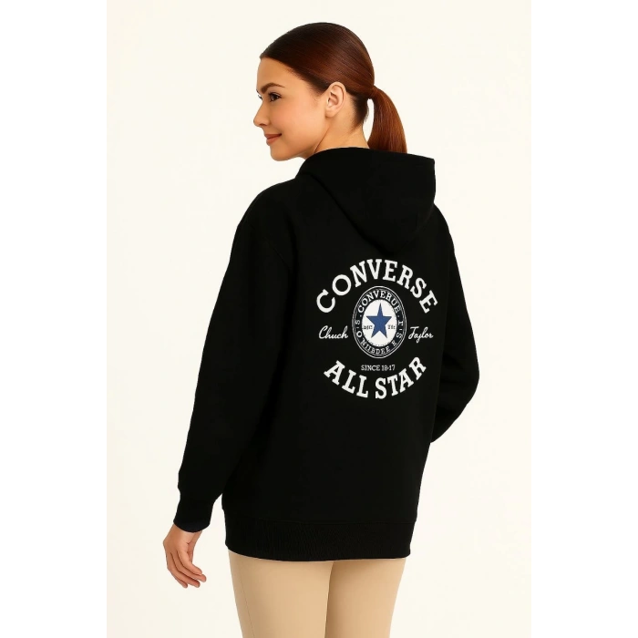 Kadın Kapşonlu Sweatshirt – Üç İplik Şardonlu Kumaş, Oversize Fit, Ön & Arka Baskılı, Kanguru Cepli, Kışlık Rahat Hoodie- Siyah