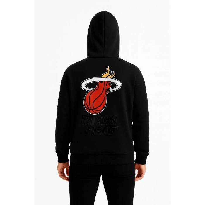 Erkek Kapşonlu Sweatshirt – Üç İplik Şardonlu Kumaş, Oversize Fit, Ön & Arka Baskılı, Kanguru Cepli, Kışlık Rahat Hoodie - Siyah