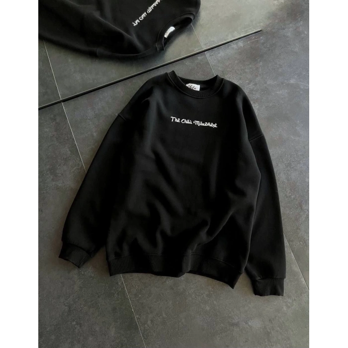 Kadın 3 İplik Pamuklu Bisiklet Yaka Baskılı SweatShirt - Siyah