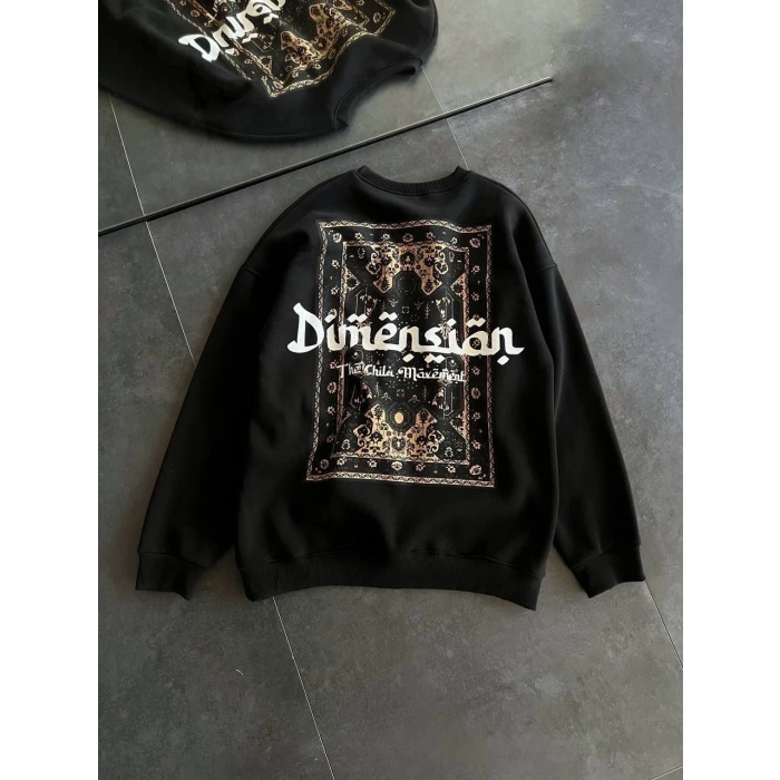 Kadın 3 İplik Pamuklu Bisiklet Yaka Baskılı SweatShirt - Siyah