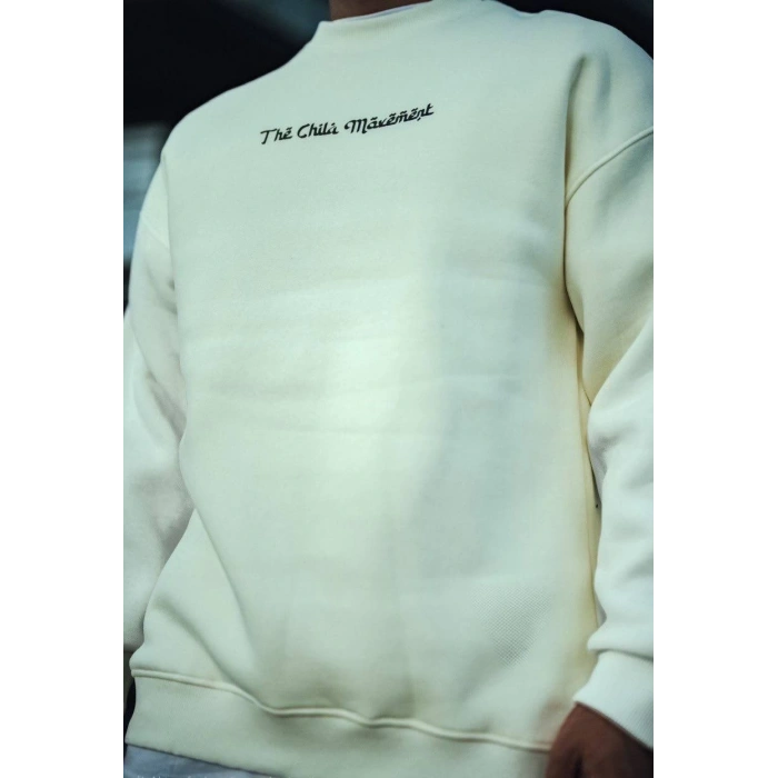 Üç İplik Pamuklu Bisiklet Yaka Oversize Baskılı SweatShirt - Beyaz