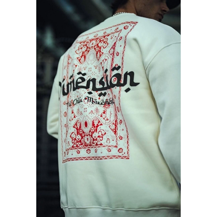 Üç İplik Pamuklu Bisiklet Yaka Oversize Baskılı SweatShirt - Beyaz