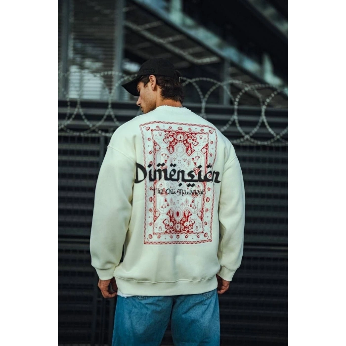 Üç İplik Pamuklu Bisiklet Yaka Oversize Baskılı SweatShirt - Beyaz