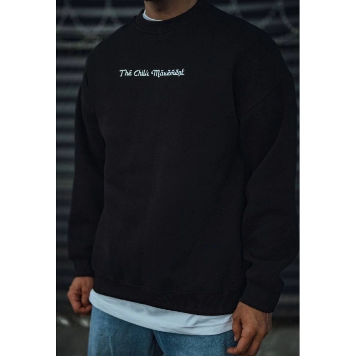 Üç İplik Pamuklu  Bisiklet Yaka Oversize Baskılı SweatShirt - Siyah