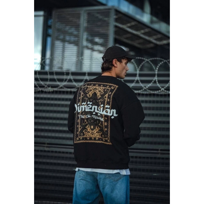 Üç İplik Pamuklu  Bisiklet Yaka Oversize Baskılı SweatShirt - Siyah