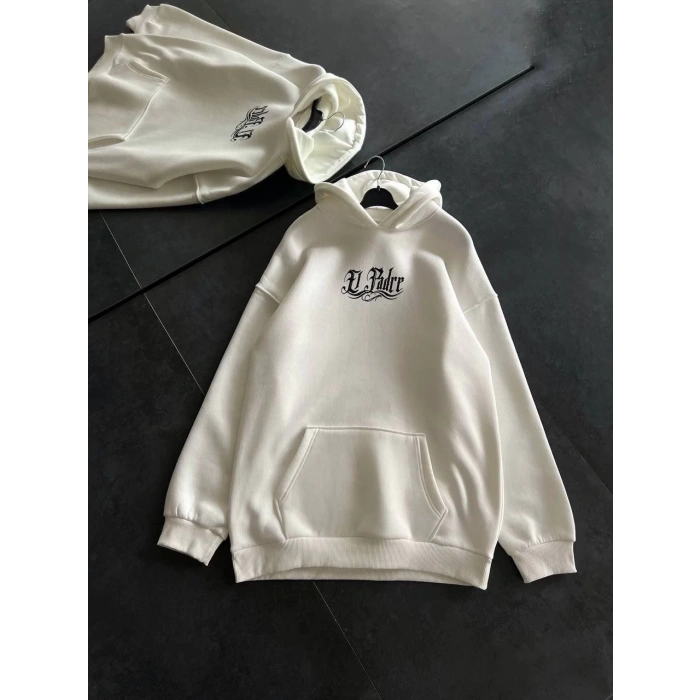 Üç İplik Penye Uzun Kol Kapüşonlu Baskılı SweatShirt - Beyaz