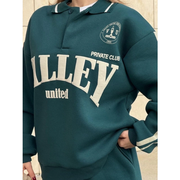 Üç İplik Yakalı Sweat Baggy Pantalonlu Takım - Yeşil