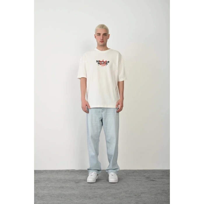 Unisex Baskılı Bisiklet Yaka Oversize T-Shirt - Beyaz