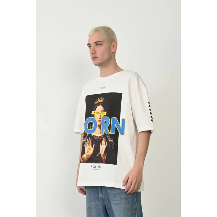 Unisex Baskılı Bisiklet Yaka Oversize T-Shirt - Beyaz