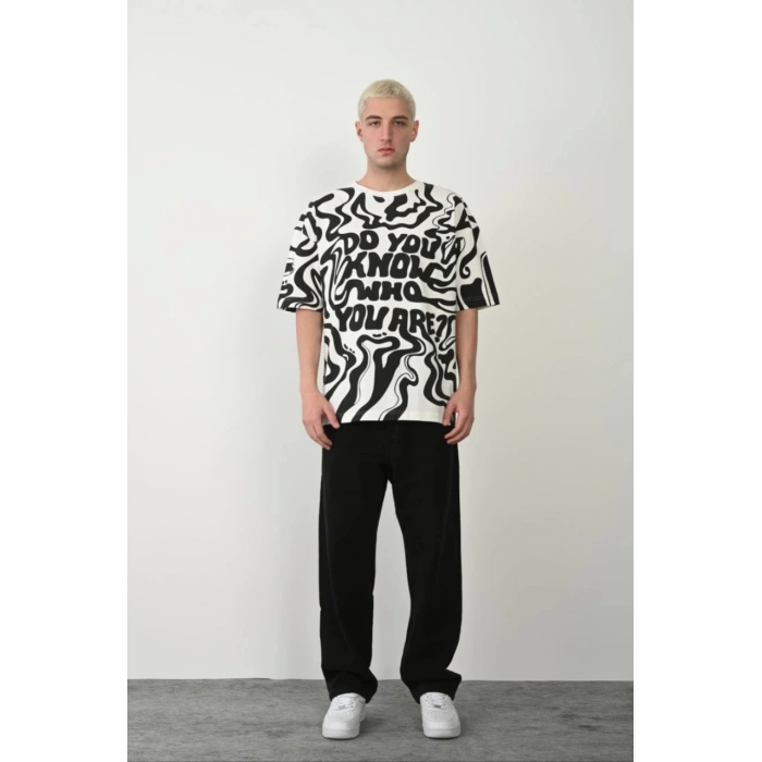 Unisex Baskılı Bisiklet Yaka Oversize T-Shirt - Beyaz