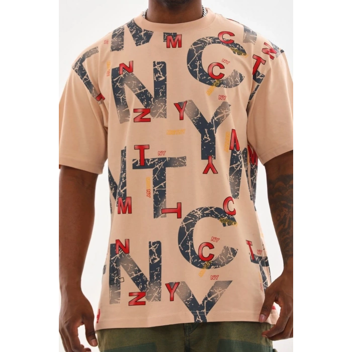 Unisex Baskılı Oversize T-Shirt - Bej