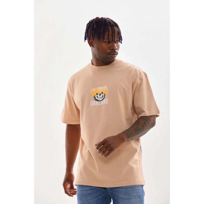 Unisex Baskılı Oversize T-Shirt - Bej
