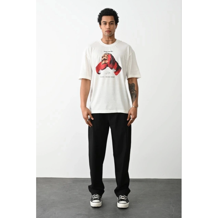 Unisex Baskılı Oversize T-Shirt - Beyaz