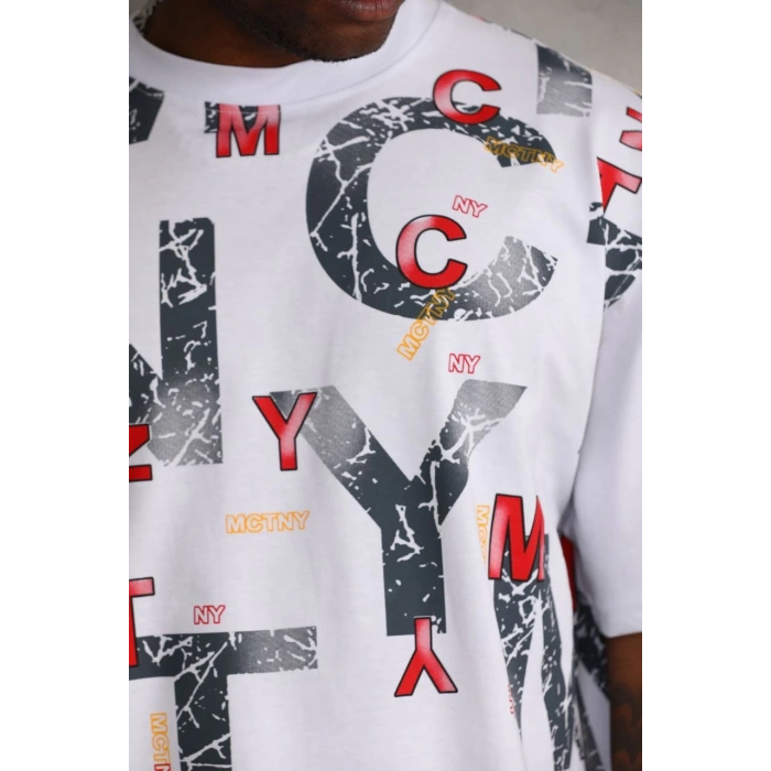 Unisex Baskılı Oversize T-Shirt - Beyaz