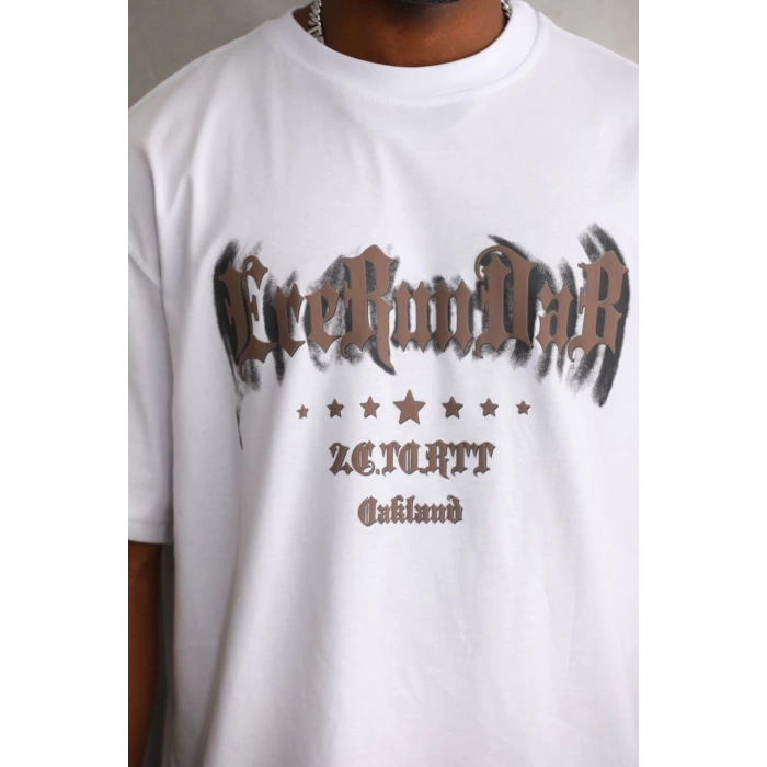 Unisex Baskılı Oversize T-Shirt - Beyaz