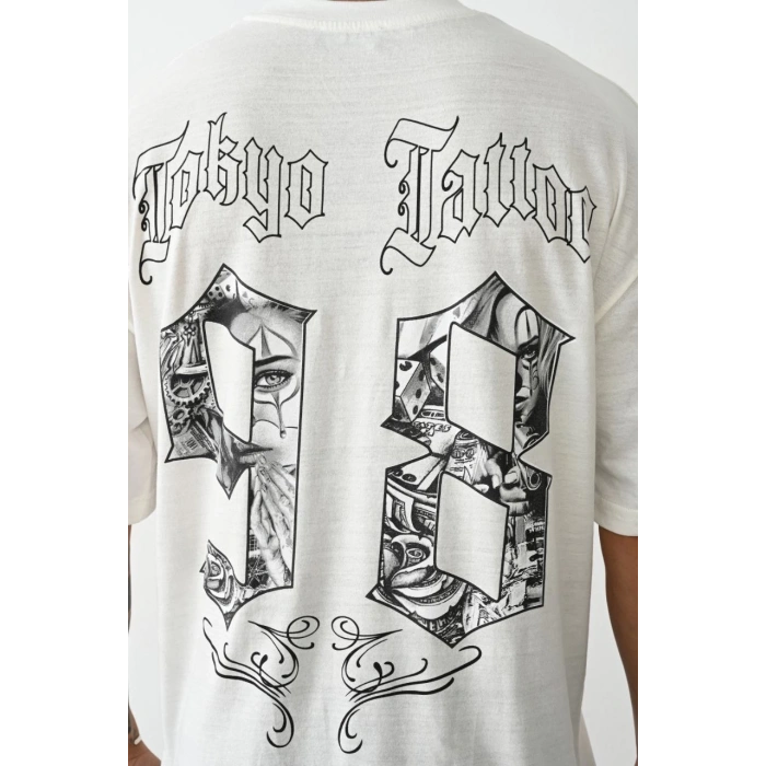 Unisex Baskılı Oversize T-Shirt - Beyaz