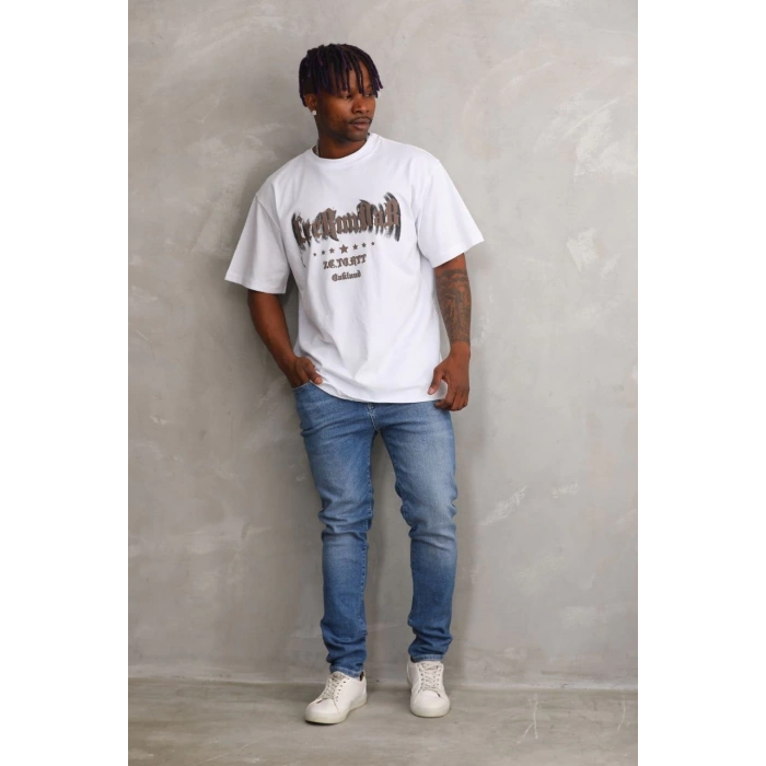 Unisex Baskılı Oversize T-Shirt - Beyaz