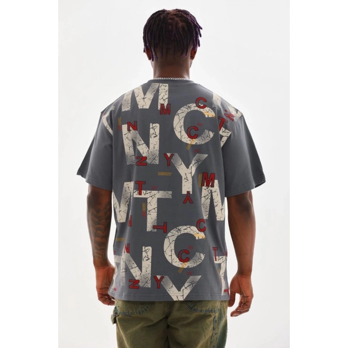 Unisex Baskılı Oversize T-Shirt - Füme