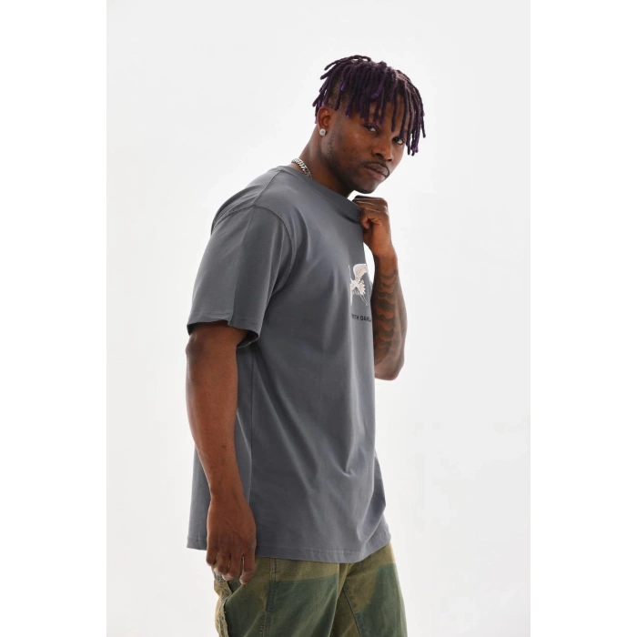 Unisex Baskılı Oversize T-Shirt - Füme