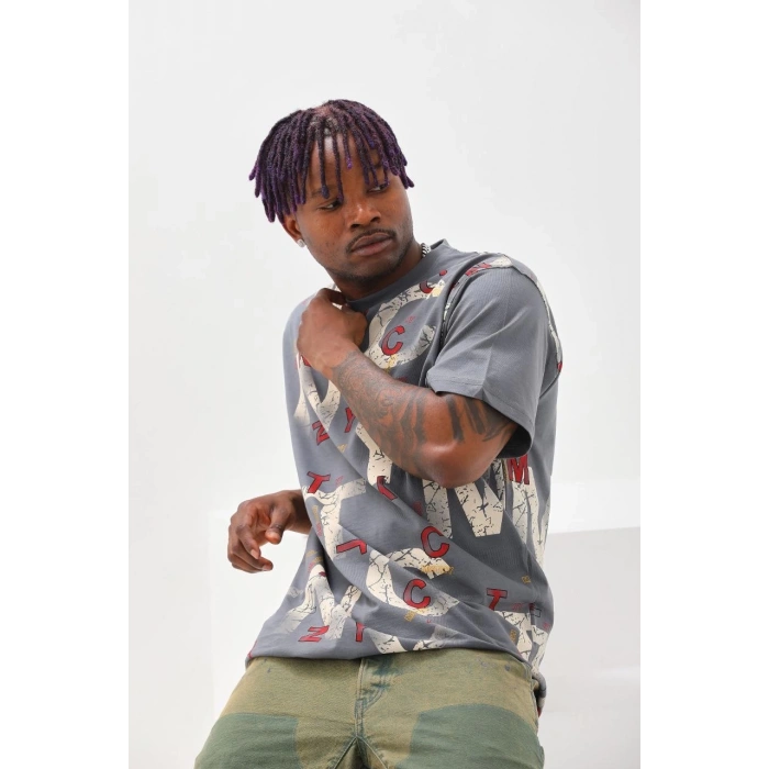 Unisex Baskılı Oversize T-Shirt - Füme