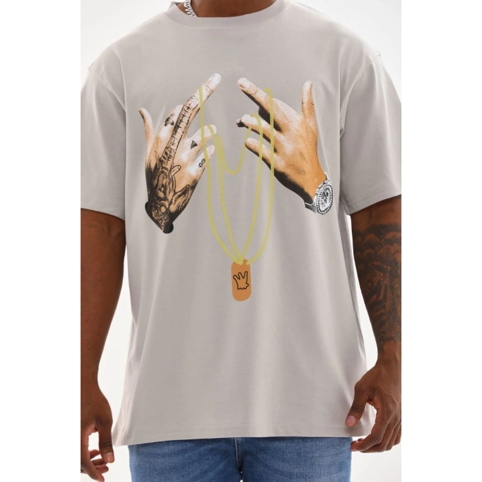 Unisex Baskılı Oversize T-Shirt - Gri