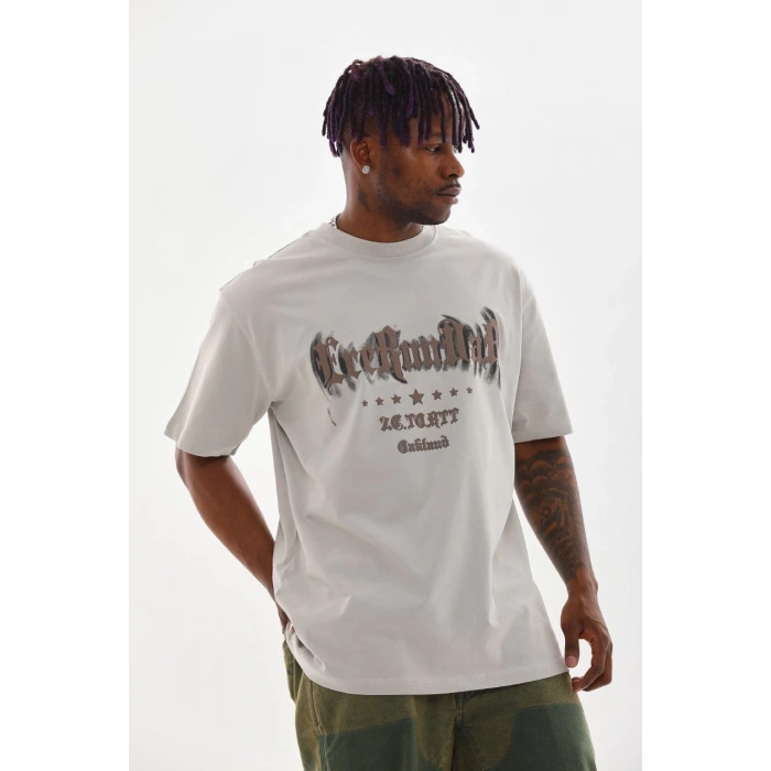 Unisex Baskılı Oversize T-Shirt - Gri