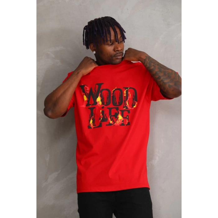 Unisex Baskılı Oversize T-Shirt - Kırmızı