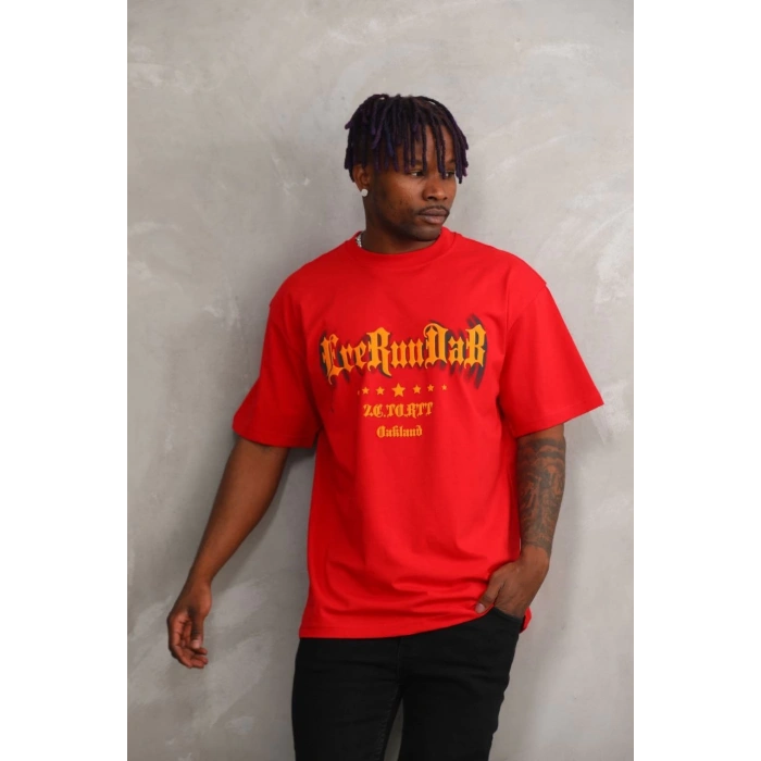 Unisex Baskılı Oversize T-Shirt - Kırmızı