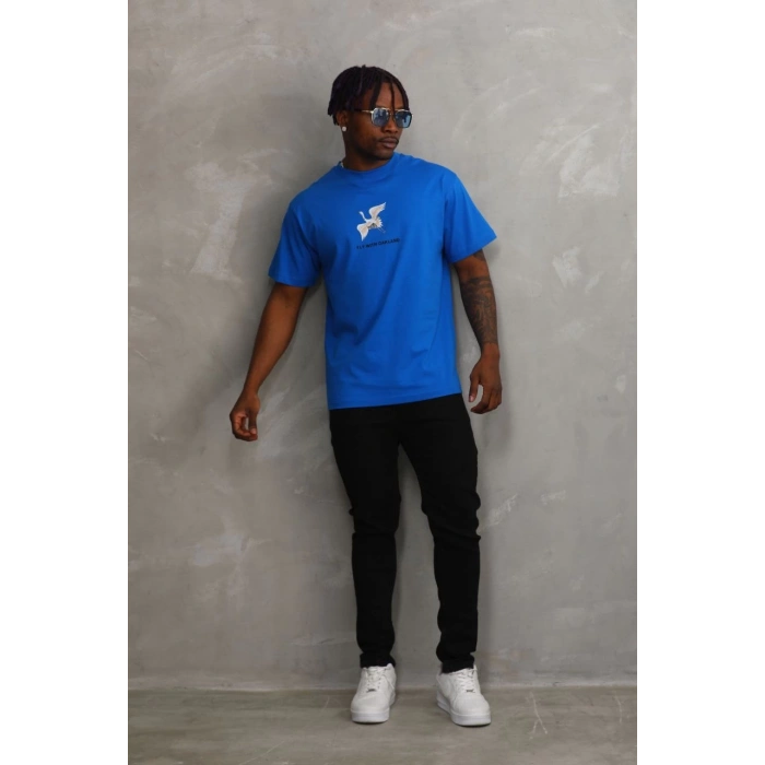 Unisex Baskılı Oversize T-Shirt - Mavi