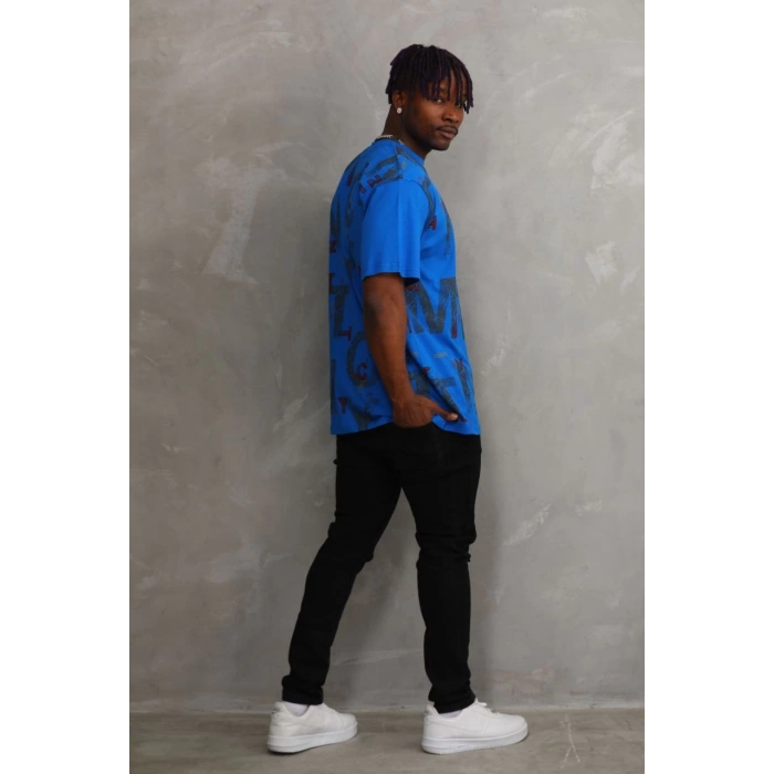 Unisex Baskılı Oversize T-Shirt - Mavi