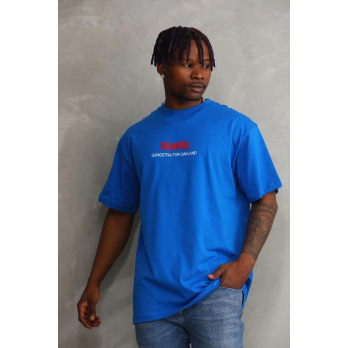 Unisex Baskılı Oversize T-Shirt - Mavi