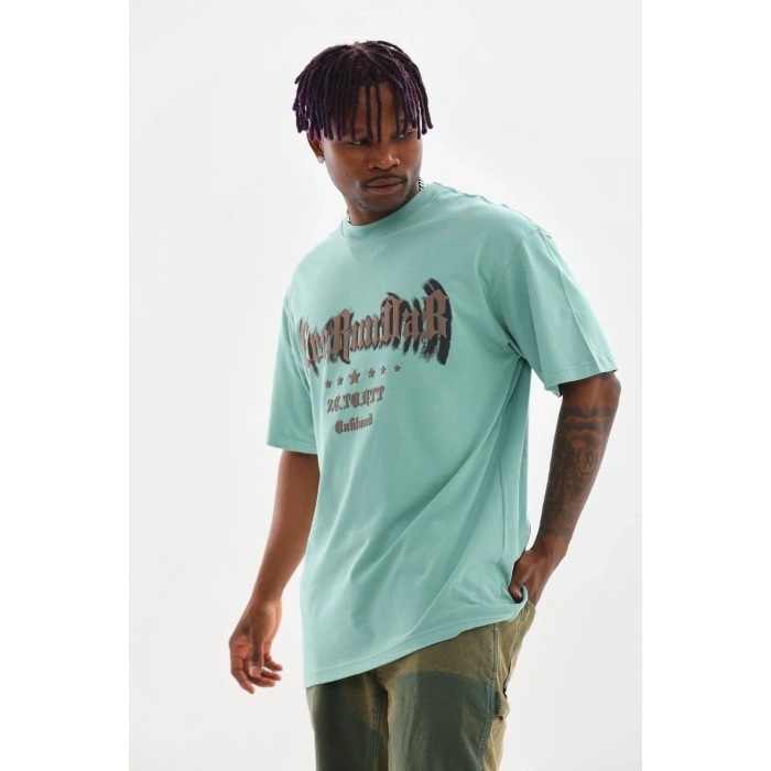 Erkek Baskılı T-Shirt Kısa Kol Bisiklet Yaka Rahat Kalıp Tişört - Mint Yeşili