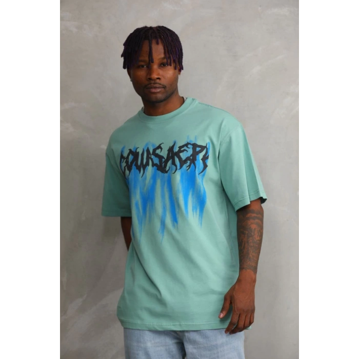 Erkek Baskılı T-Shirt Kısa Kol Bisiklet Yaka Rahat Kalıp Tişört - Mint Yeşili