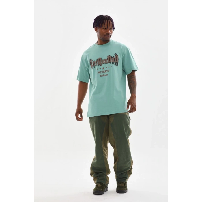 Erkek Baskılı T-Shirt Kısa Kol Bisiklet Yaka Rahat Kalıp Tişört - Mint Yeşili