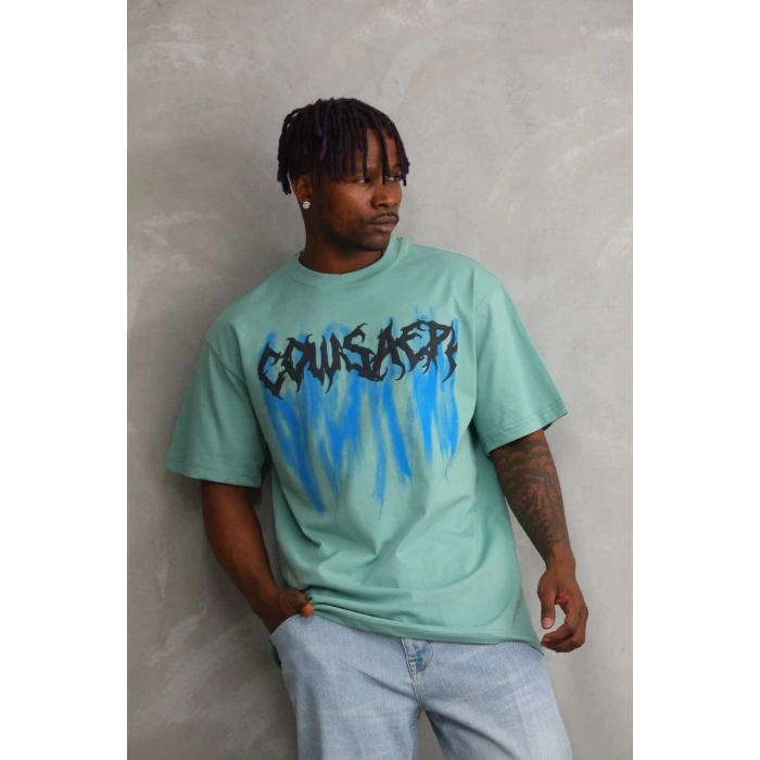 Erkek Baskılı T-Shirt Kısa Kol Bisiklet Yaka Rahat Kalıp Tişört - Mint Yeşili