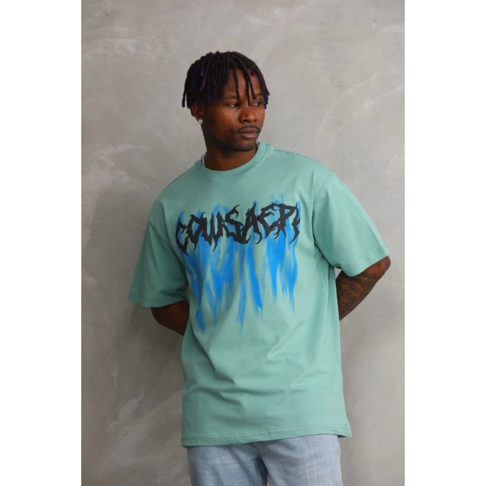 Erkek Baskılı T-Shirt Kısa Kol Bisiklet Yaka Rahat Kalıp Tişört - Mint Yeşili